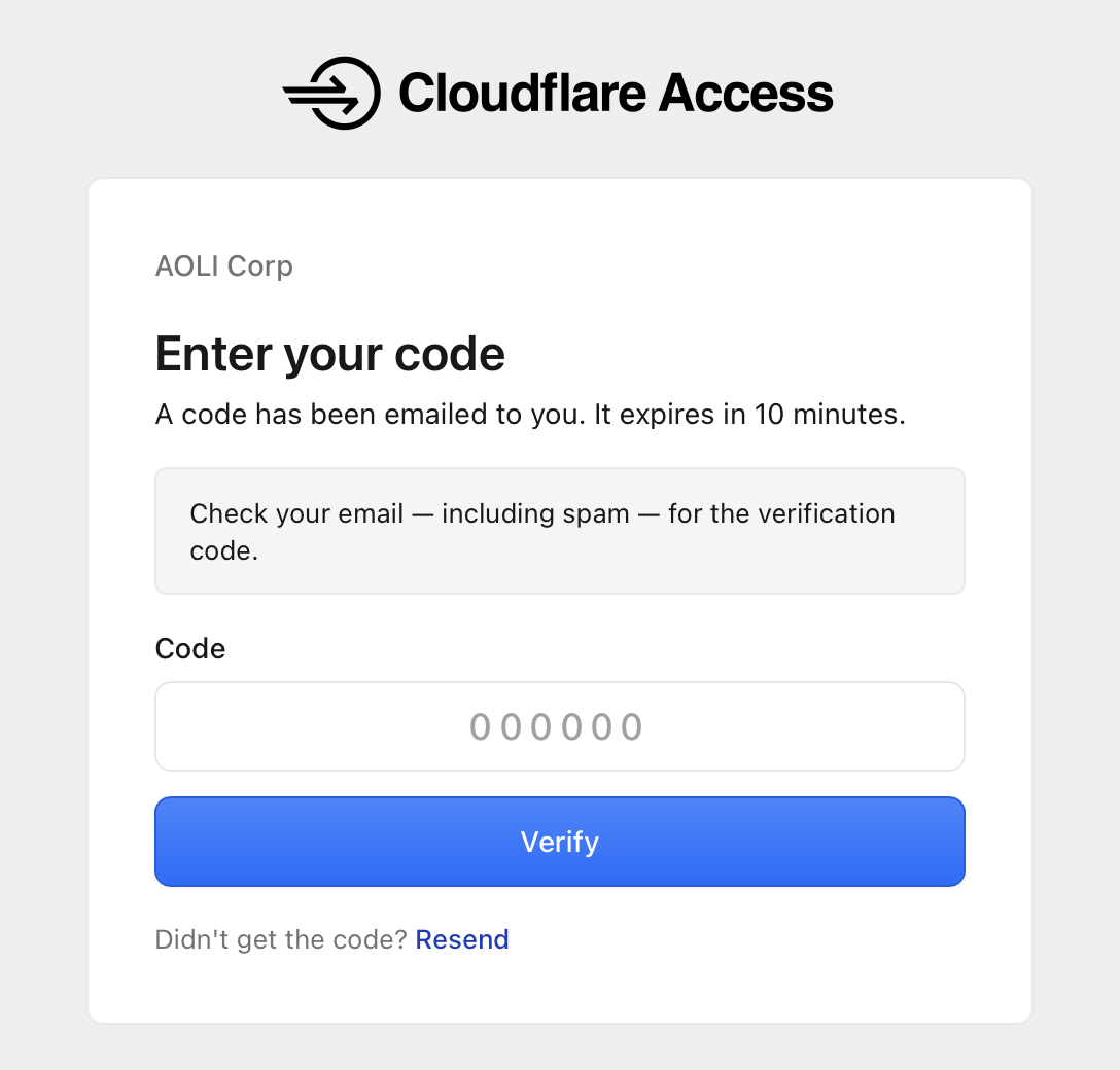 Cloudflare Access 验证码页面，填入 6 位验证码后点击 Verify